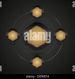 Luxury buttons of hexagon shapes with golden frame vector illustration with SET of golden chart buttons with Premium realistic isolated elements Stock Vector