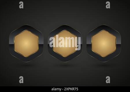 Three Luxury buttons of hexagon shapes with golden frame vector illustration. Premium realistic isolated website elements, golden glossy labels Stock Vector