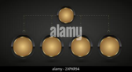 Chart of Circle rind buttons in Group of FIVE Dark and glod steel elements, FIVE Luxury realistic shiny metal buttons. and Eight golden circle buttons Stock Vector