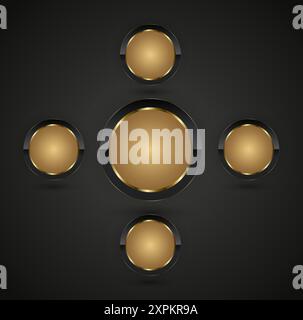 Luxury realistic shiny metal golden circle ring on isolated on black background. Premium circle button in round gold frame vector illustration Stock Vector