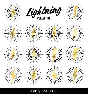 Set of vintage golden lightning bolts and sun rays. Gold foil texture. Lightnings with sunburst effect. Thunderbolt, electric shock sign. Vector Stock Vector