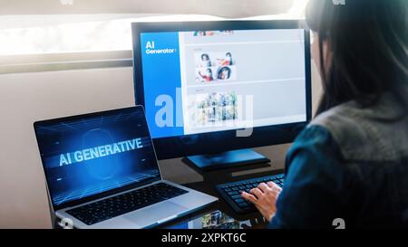 AI app. Woman chat with Artificial Intelligence software in computer at home office. Future digital technology trends Stock Photo