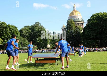 Saint Petersburg, Russia. 06th Aug, 2024. Players, of the Zenit football club seen during a open training at the Zenit FC on the Senate Square, near St. Isaac's Cathedral in Saint Petersburg before the Zenit Saint Petersburg - FC Dynamo Moscow football match, Russian Premier League. (Photo by Maksim Konstantinov/SOPA Images/Sipa USA) Credit: Sipa USA/Alamy Live News Stock Photo