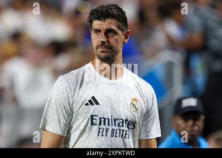 Charlotte, North Carolina, USA. August 6, 2024: Real Madrid goalkeeper Thibaut Courtois (1) during the DIRECTV Soccer Champions Tour match between Real Madrid and Chelsea at Bank of America Stadium in Charlotte, North Carolina. Greg Atkins/CSM Credit: Cal Sport Media/Alamy Live News Stock Photo