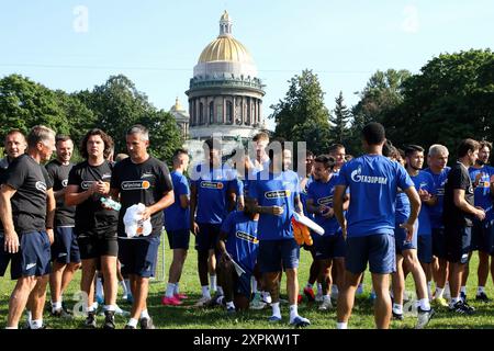 Saint Petersburg, Russia. 06th Aug, 2024. Players, of the Zenit football club seen during a open training at the Zenit FC on the Senate Square, near St. Isaac's Cathedral in Saint Petersburg before the Zenit Saint Petersburg - FC Dynamo Moscow football match, Russian Premier League. (Photo by Maksim Konstantinov/SOPA Images/Sipa USA) Credit: Sipa USA/Alamy Live News Stock Photo