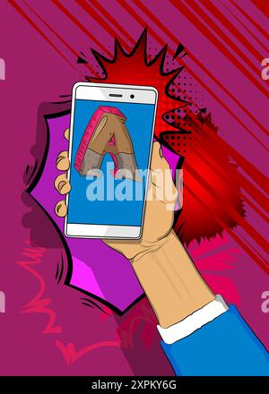 Cartoon Smartphone, comic book Telephone with Letter A. Retro vector comics pop art design. Stock Vector
