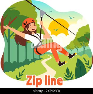 Zip Line Vector Illustration with Visitors Walking on an Obstacle Course and Outdoor Rope Adventure Park in a Forest on Flat Kids Cartoon Background Stock Vector