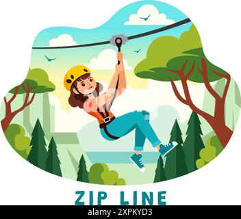 Zip Line Vector Illustration with Visitors Walking on an Obstacle Course and Outdoor Rope Adventure Park in a Forest on Flat Kids Cartoon Background Stock Vector
