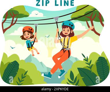 Zip Line Vector Illustration with Visitors Walking on an Obstacle Course and Outdoor Rope Adventure Park in a Forest on Flat Kids Cartoon Background Stock Vector