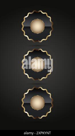 THREE premium quality badge buttons vector,illustration. And  luxury circles shape UI button on dark background Stock Vector