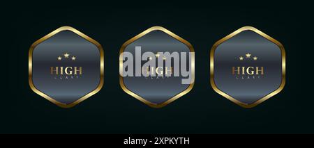 Three polygon button used in UI, UX vector illustration with frame 3d golden glossy elegant design for empty emblem, medal or badge, shiny and gradien Stock Vector