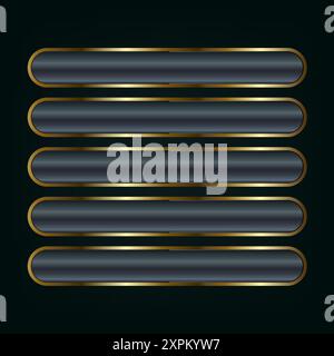 Group of five luxury buttons, Dark UI, UX vector illustration with frame 3d golden glossy elegant design for empty emblem, medal or badge, shiny and g Stock Vector