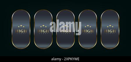 Five dark premium and gold buttons set with gold glossy and gradient effect vector illustration on isolated on black background Stock Vector