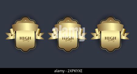 THREE Elegant pearl gold label, glossy labels with golden frame over beige background, premium and Golden label button isolated on black background Stock Vector