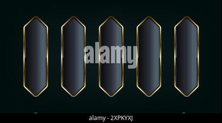 FIVE buttons of art deco styles isolated on black background. Realistic vector illustration of bronze, golden, silver metal luxury ui concepts buttons Stock Vector