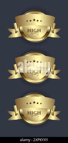 SET of Three button Elegant pearl gold label, glossy labels with golden frame over beige background, premium and Golden label button isolated on black Stock Vector