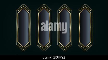 5 buttons for art deco styles isolated on black background. Realistic vector illustration of bronze, golden, silver metal luxury ui concepts buttons t Stock Vector