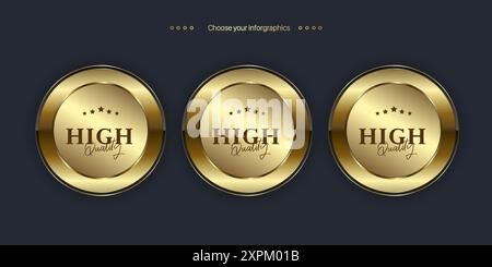 THREE Luxury circles premium and Golden label button isolated on black background. Realistic vector illustration of golden, metal luxury ui concepts o Stock Vector