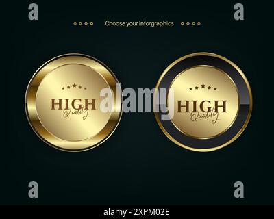 TWO premium and Golden label button isolated on black background. Realistic vector illustration of golden, metal luxury ui concept templates of button Stock Vector