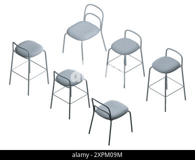 Polygonal model Vector illustration Bar stool icons set. Chair bench. Club furniture. Isometric view. 3D. Stock Vector