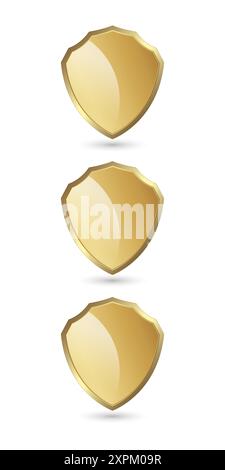 Set of three Golden secured icons, symbols, and 3 defence shapes button on isolated background,  luxury, premium, gold icons isolated white background Stock Vector