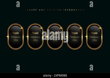 Set of Five Luxury, Gold shiny button, metallic golden infographic, vector icon on Dark, plate button of ellipse shape with golden frame vector Stock Vector