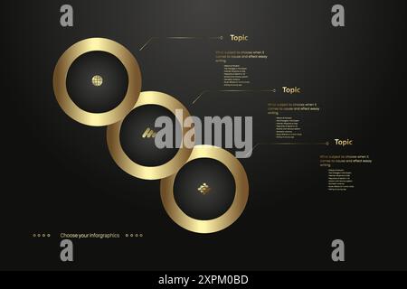 Three Gold circle buttons, premium banners, buttons on Dark background, Set of gold button in processing gold, vector illustration Stock Vector