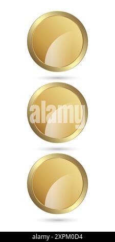 Three Gold Circle shape buttons design in vector, 3 circles premium vector circle button, luxury button, elegant style icon, symbols, and on isolated Stock Vector