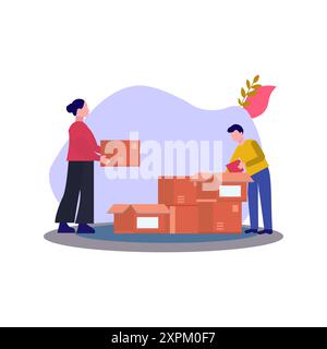 Boy and girl packing donations. Stock Photo