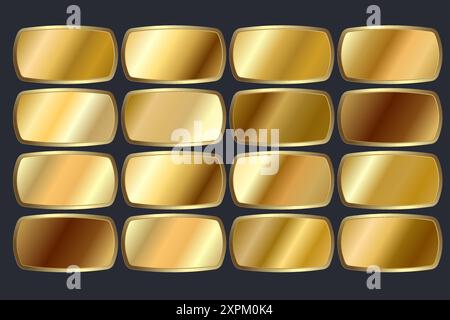 set of metallic gold gradients and Gold shape buttons, group of luxury gold color swatches on isolated white. Vector illustration. Gold shape symbol, Stock Vector