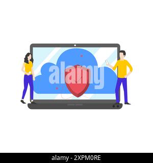Boy and girl saving cloud data. Stock Photo