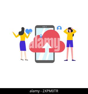 Girls are uploading cloud data. Stock Photo