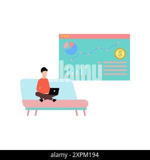 Boy working on laptop on dollar graph. Stock Photo