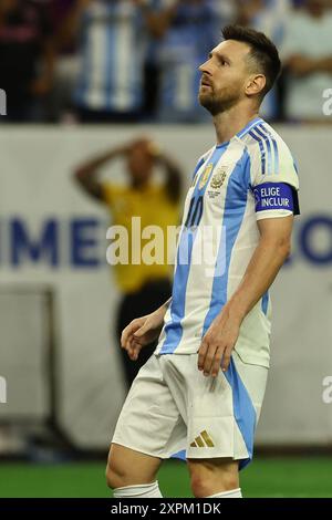 Argentina's forward Lionel Messi gestures during the Copa America USA 2024, quarterfinal match against Ecuador, at NRG stadium in Houston, on July 4, 2024. Stock Photo