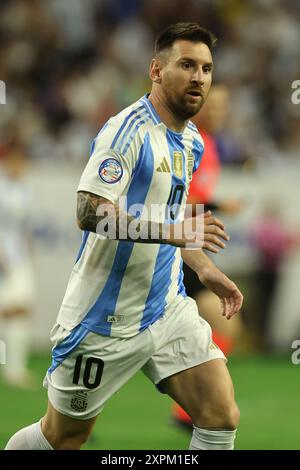 Argentina's forward Lionel Messi gestures during the Copa America USA 2024, quarterfinal match against Ecuador, at NRG stadium in Houston, on July 4, 2024. Stock Photo