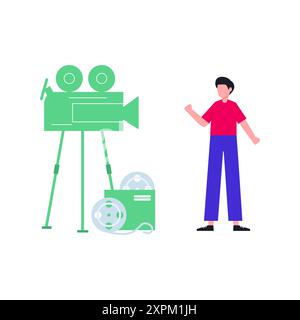 Boy standing with movie camera. Stock Photo