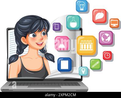 Girl learning online with educational icons Stock Vector