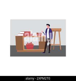 The boy is showing the wooden table. Stock Photo