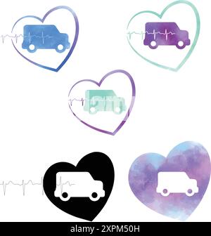 Medical van with heart vector design, logo design, medical logo concept, hear with eco lines and medical van Stock Vector