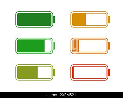 Level battery energy icon set. Powerfully full and power low up status batteries. Energy reusing concept. Alkaline tags. Battery charging point, charg Stock Vector