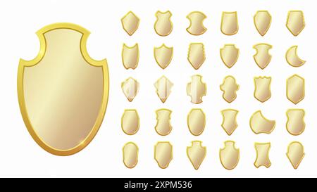 Set of realistic golden heraldic shields. Glass and glossy shield collection. Vector illustration. Stock Vector