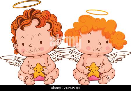 Angel  with dirty faces vector illustration, dirty face babies with angel ring and wings vector watercolor concept Stock Vector