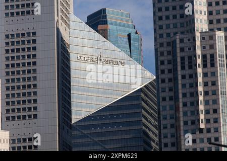 One Raffles Place architecture design. Perspective of a congested space in land scarcity Singapore. Stock Photo