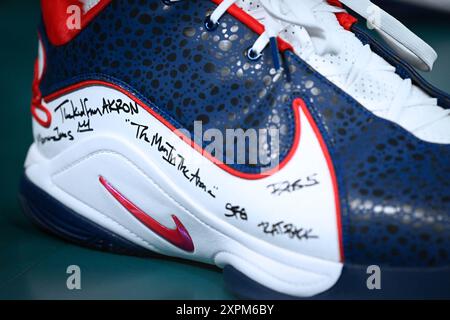 A detailed view of the shoes of LeBron James of USA Basketball Men s Quarterfinal between Brazil and United States during the Olympic Games Paris 2024 on 6 August 2024 at Arena Bercy