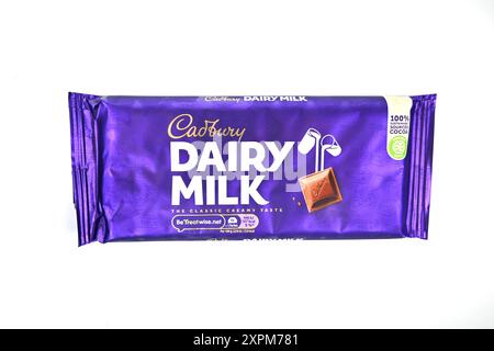 Cadbury dairy milk chocolate bar block – Wales, UK  – 31 July 2024 Stock Photo