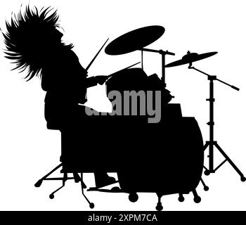 Silhouette image of a long-haired rocker drummer on a white background. Perfect for stickers, tattoos, icons, logos, advertising Stock Vector