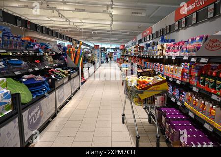 Inside Lidl near the middle aisle - Wales, UK - 01 August 2024 Stock Photo