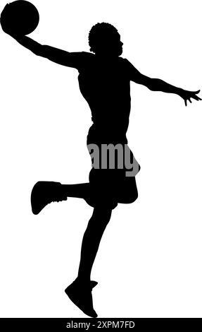 Silhouette of a basketball player jumping to dunk on a white background. Perfect for stickers, tattoos, icons, logos and advertising Stock Vector