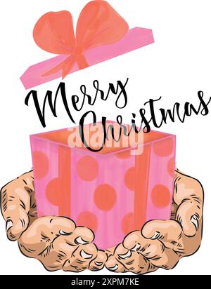 Watercolor Merry Christmas gift vector, Merry Christmas gift box in hand, Christmas tree vector Stock Vector