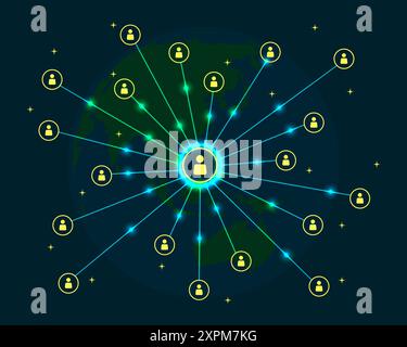 Chain of people icon connected by lines. Cooperation and interaction between people and employees. Dissemination of information in society, concept Stock Vector